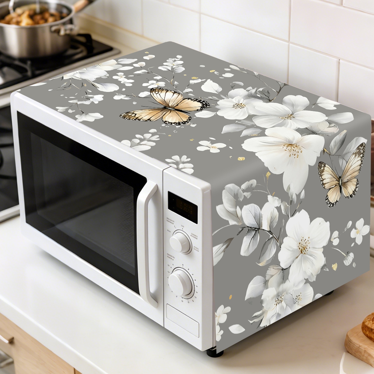 Kitchen Appliances Design - 1pc White Flower Microwave Dust Cover